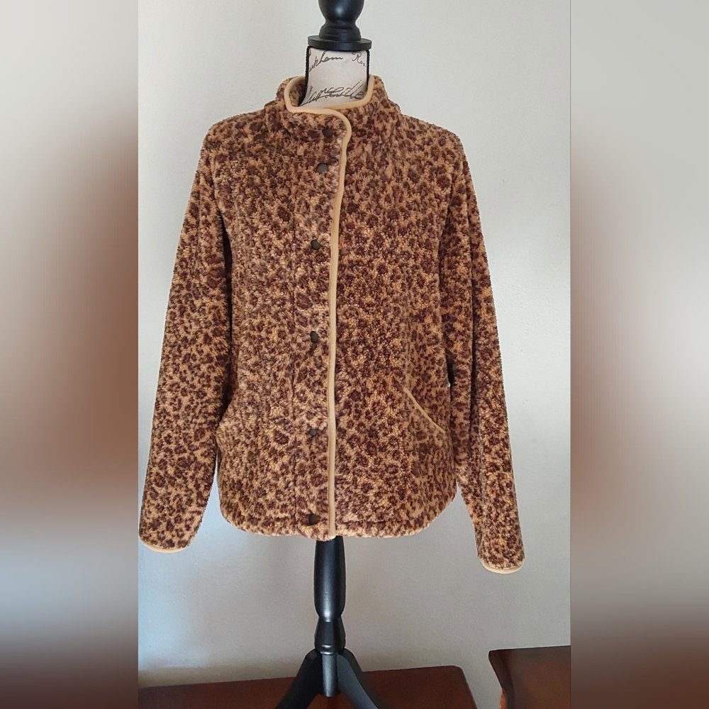 Lucky Brand Leopard Print Fleece Faux Fur Jacket, size Large Oversized